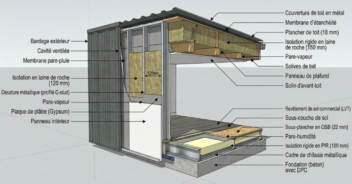 Isolation thermique d'un bungalow préfabriqué — panneaux sandwich et double vitrage