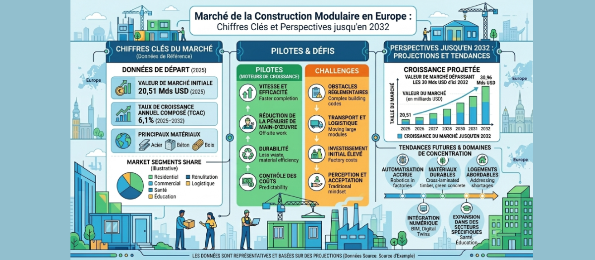 Marché européen de la construction modulaire — vue aérienne de modules préfabriqués sur site industriel