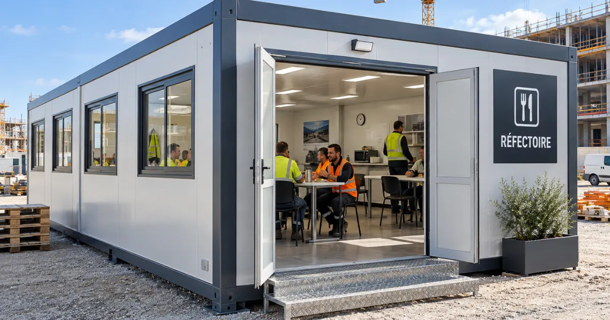 Réfectoire de chantier préfabriqué — module restaurant sur site BTP